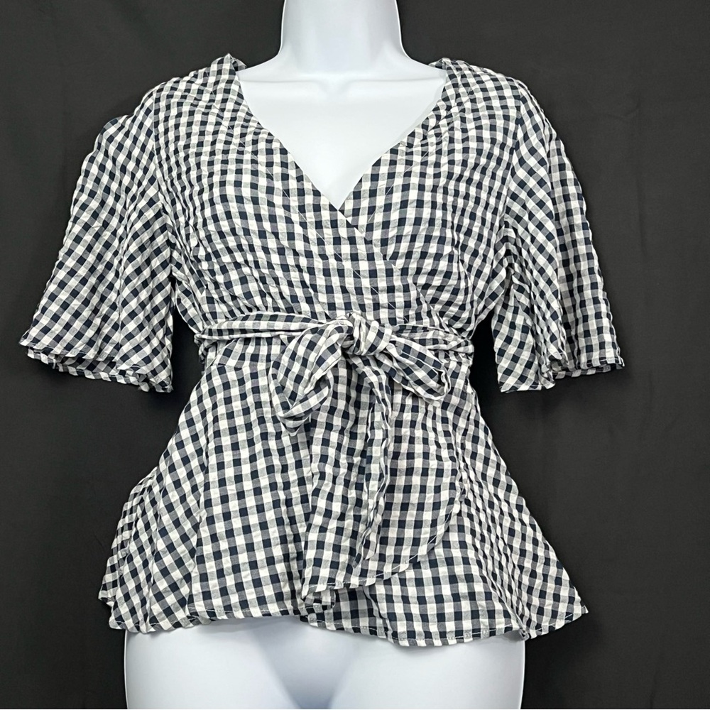 Loft Gingham peplum wrap cottagecore blue white plaid flowy feminine bell sleeve